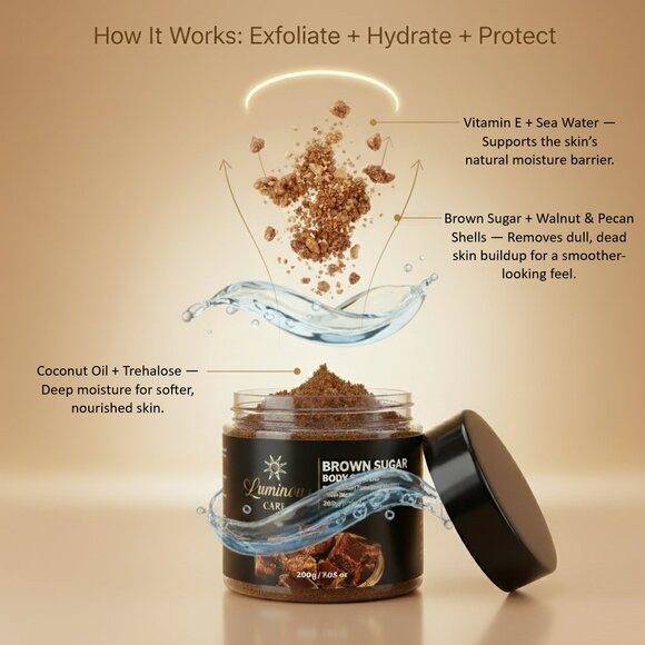 Luminous Care Brown Sugar Body Scrub | Sea Salt + Walnut Shell Exfoliating 200g - Picture 6 of 10